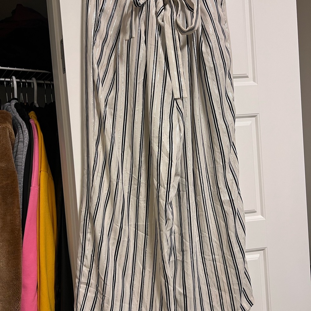 Zara Striped Paperbag Waist Pants - White, Navy & Silver